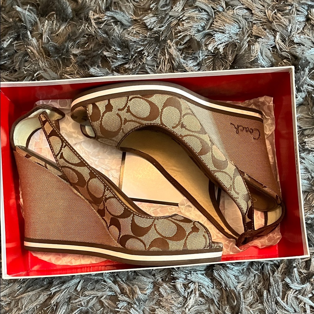 Coach Signature Brown Wedge Sandals